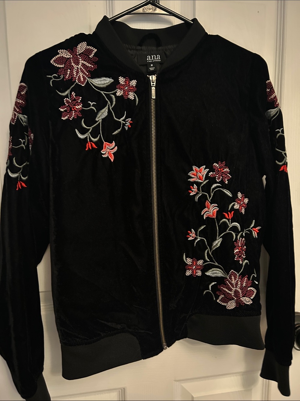 a.n.a Black Velvet Bomber Jacket with Red & Pink Floral Embroidery